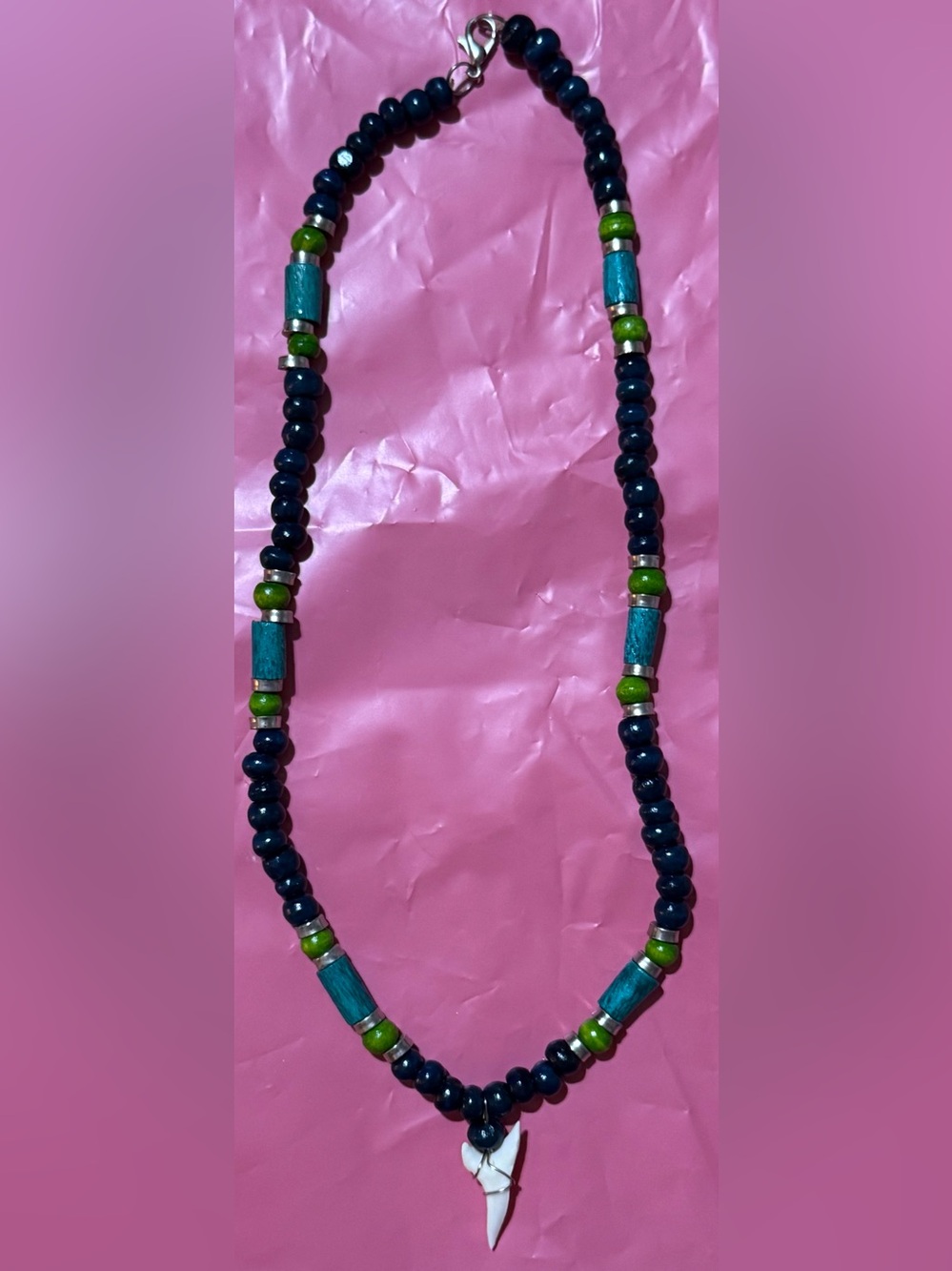 Handcrafted Navy and Green Beaded Necklace with Shark Tooth Pendant